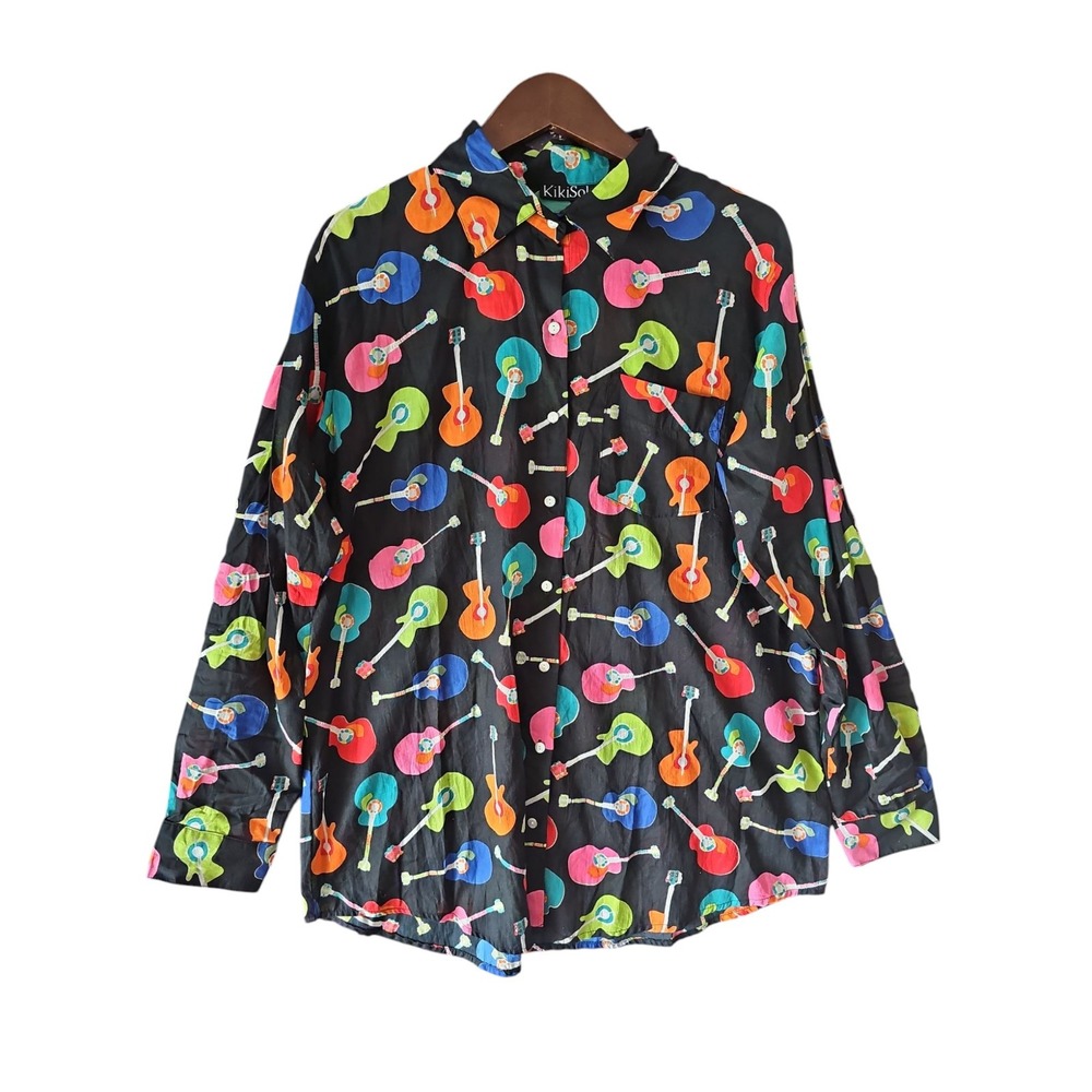 KIKISOL Button Collared Guitar Novelty Print Roll Tab Long Sleeve Cotton Shirt M